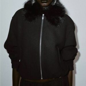 Zara Black Bomber Jacket with Faux-Fur Collar
